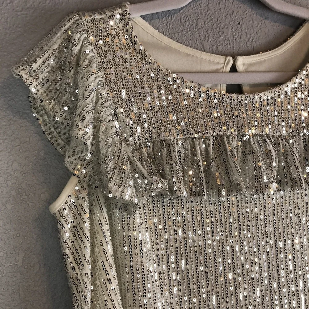 Justice Girls Top Size‎ 16/18 Sequin Ruffle Sleeve Cream Lined Short Sleeve Top